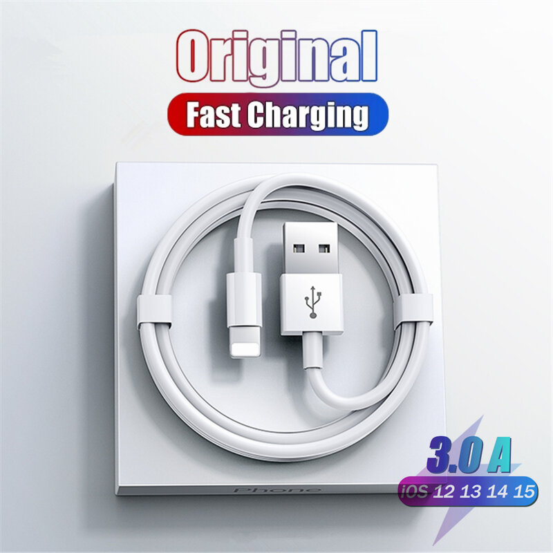 Оригинальный USB-кабель с подсветкой для iPhone, кабель для быстрой зарядки и передачи данных, 3 м, 2 м, 1 м, 14, 8, 7, 6S Plus, 13, 12, mini, 11 Pro, XS, Max, XR, X, SE