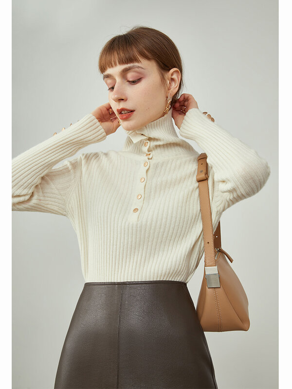 FSLE 스웨터 여성 폴로 옷깃 긴팔 풀오버 여성 슬림 디자인 틈새 부드러운 바람 블라우스 간단한 솔리드 화이트 스웨터