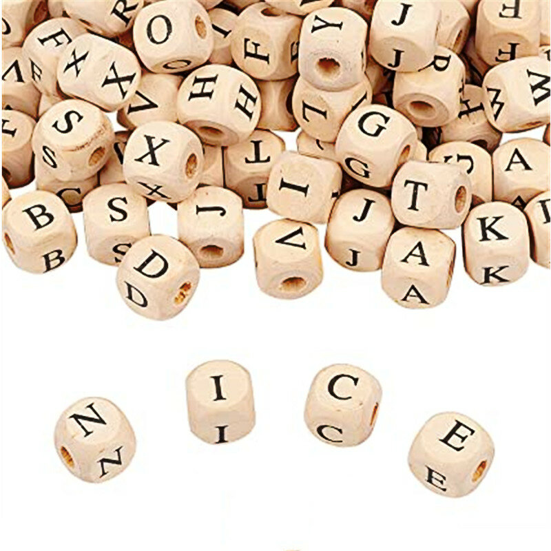 Contas de alfabeto para pulseiras 100 com 10mm, contas de madeira natural com letras espaçadoras, joias para bebês mordedor