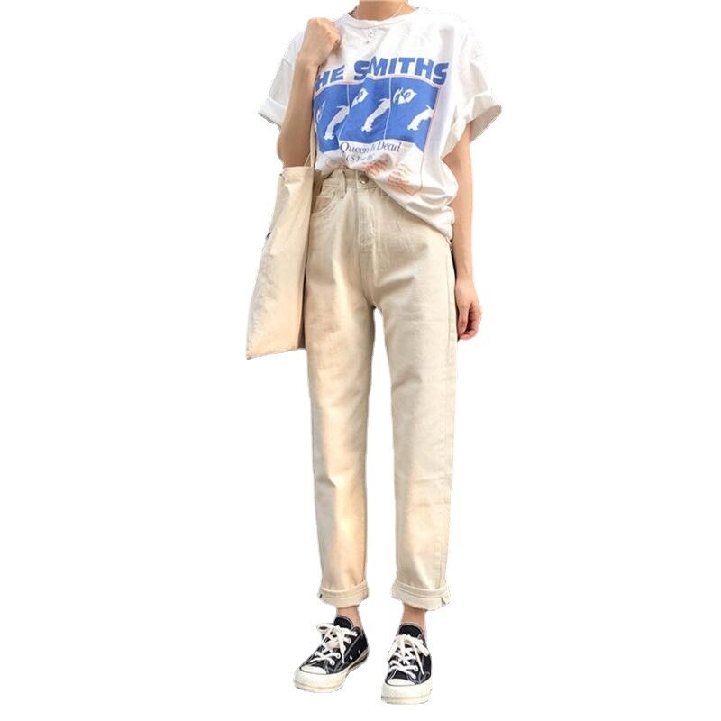 2022 Harajuku style high waist thin nine-point straight pants Korean casual loose beige jeans women vintage clothes