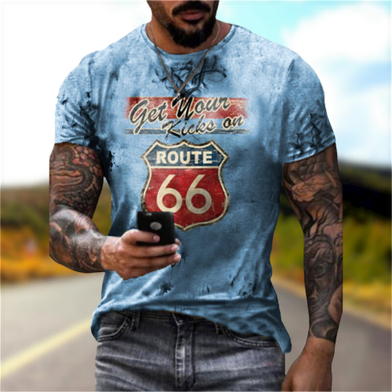Camiseta Vintage de verano para hombre, camisa de calle con estampado 3D de 66 vías, manga corta, cuello redondo, ropa masculina de gran tamaño