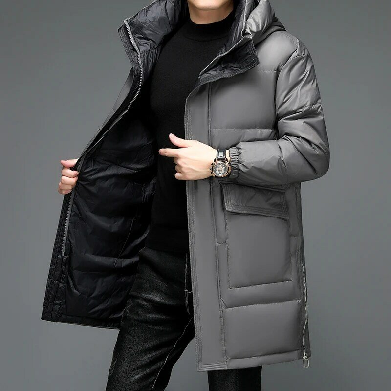Trendy down Jacket Men's Mid-Length Thickened Hooded Casual Fashionable Jacket 2022 New Winter Non-Ironing White Duck down