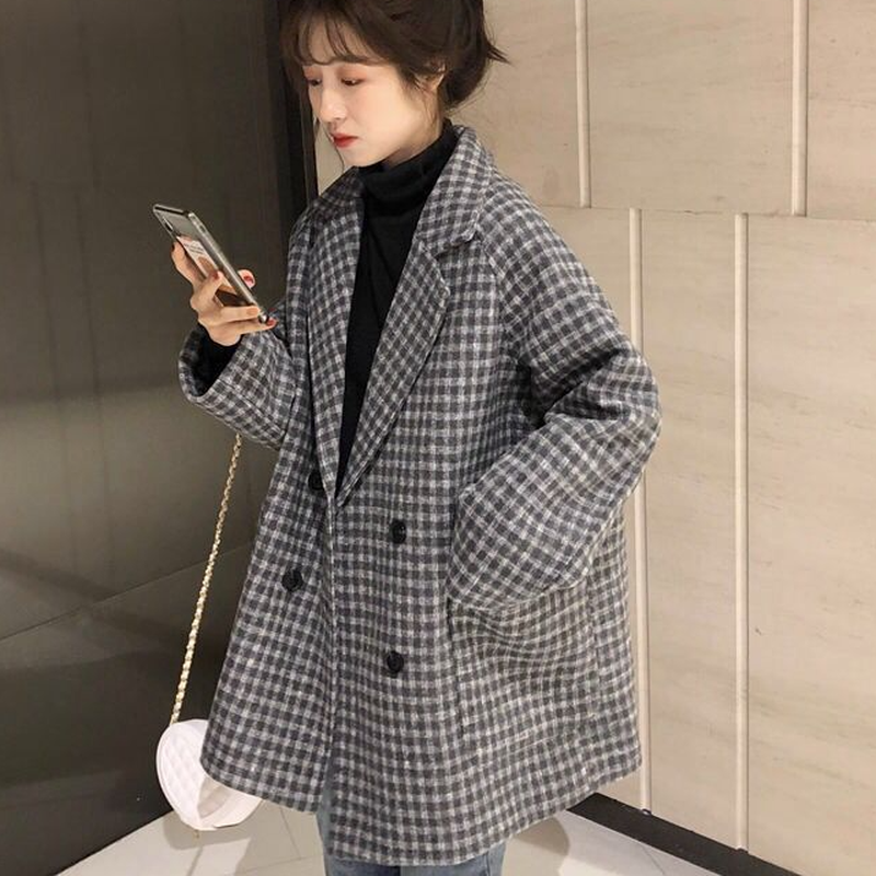 Novo casaco de lã xadrez para mulher 2022 outono e inverno clássico vintage duplo breasted solto engrossado casaco de lã quente para mulher