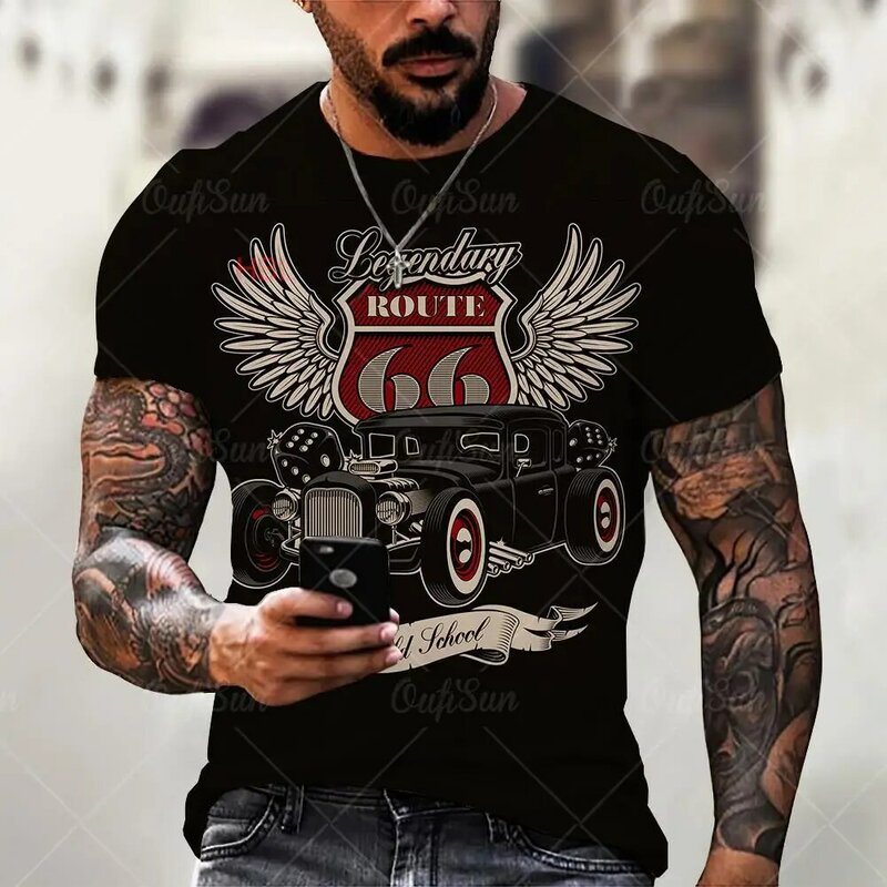 T-shirt manches courtes pour hommes, ample et surdimensionné, Vintage, mode américaine Route 66, lettres imprimées, col rond, été