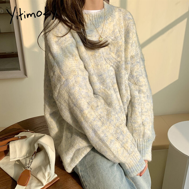 Yikikikky Sweter Musim Dingin untuk Wanita Beige Kerah O Pullover Tebal Rajutan Pakaian Lengan Panjang Korea 2022 Musim Semi dan Musim Gugur Longgar