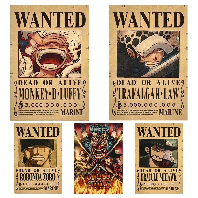 Figuras de acción de One Piece para niños, pósteres de The Anime One Piece Luffy 3 billion Bounty Wanted, carteles de cuatro emperadores, juguetes de decoración de pared Vintage