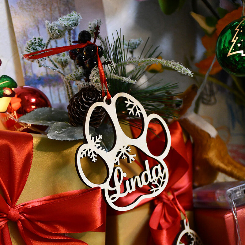 Pet Paw spersonalizowana nazwa bożonarodzeniowa ozdoba niestandardowa ozdoba świąteczna kot pies drewniany pazur laserowo wycinany Ornament