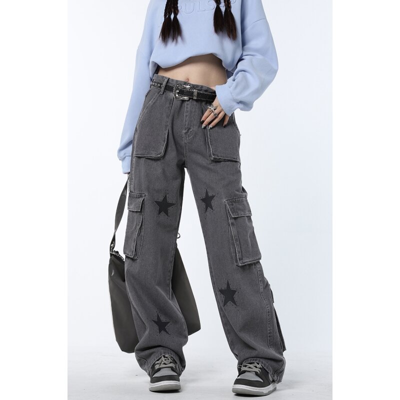 Pantalones vaqueros holgados y rectos de cintura alta para mujer, de moda americana ropa de calle, Vintage, color gris