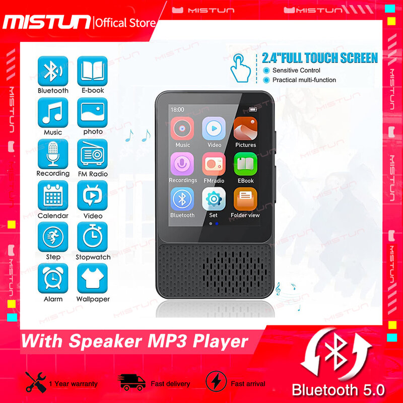 Reproductor de música Mp3 con pantalla táctil completa de 2,4 ", Bluetooth 5,0, HiFi, sin pérdidas, con altavoz/FM/podómetro/grabadora/podómetro