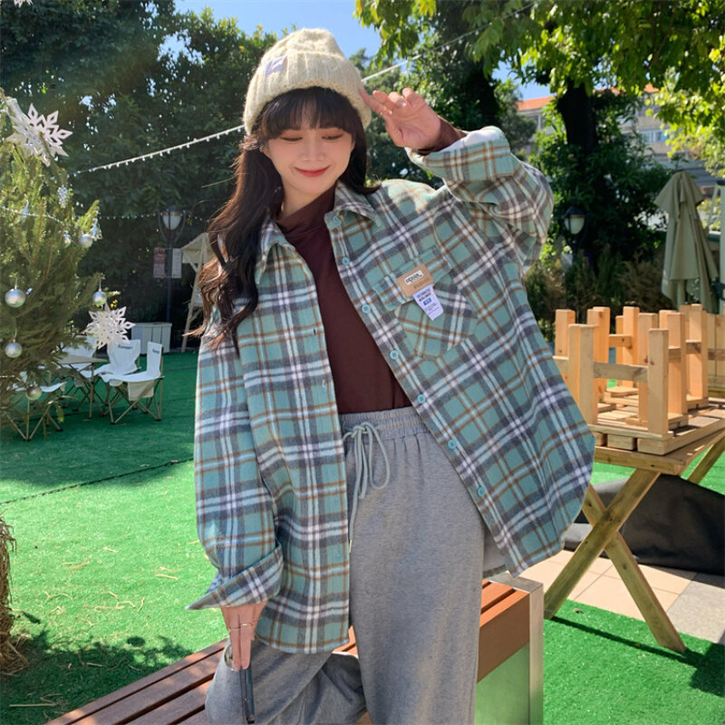 JMPRS Kontrast Farbe Plaid Plus Fleece-Shirt Jacke Herbst Winter Koreanische Mode Dicken Bluse Tops Mujer Y2k Warme Plaid Blusa