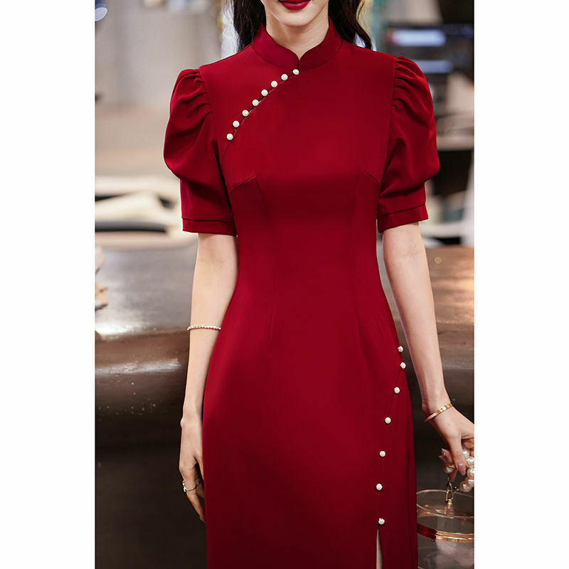 Женское платье-Ципао в китайском ретро-стиле, облегающее платье винно-Красного цвета для невесты и помолвки, лето 2021
