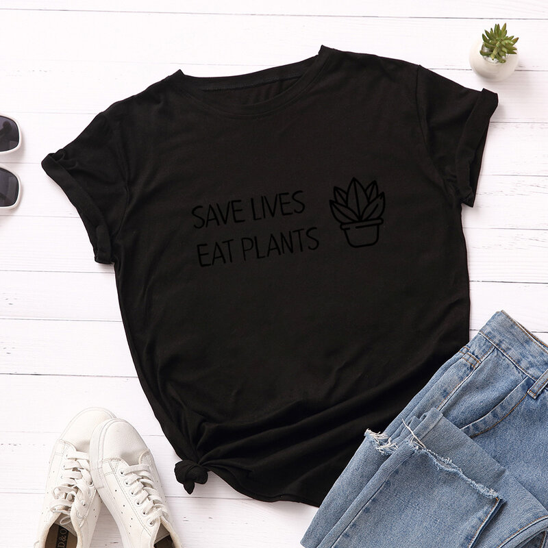 Camiseta con estampado de Save Lives Eat Plants para Mujer, blusa holgada de manga corta con cuello redondo para Mujer, ropa para Mujer