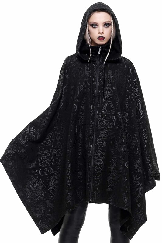 2022 moda donna gotico scuro mantello di media lunghezza stampa grafica medievale orlo arricciato lungo mantello manica pipistrello di Halloween per l'autunno