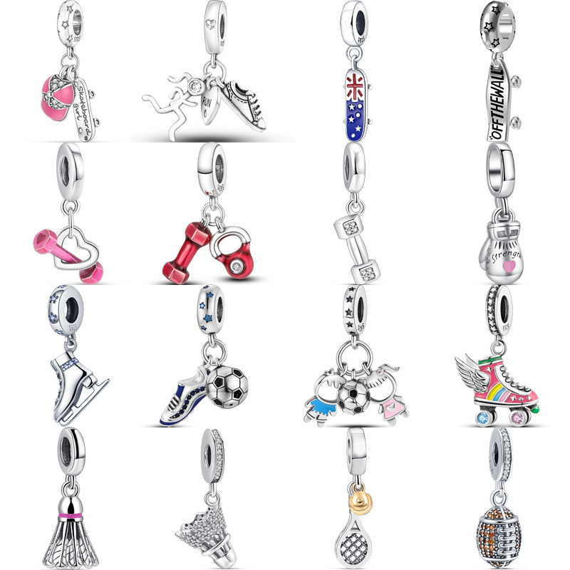Pandora Charms Pulseira, 925 Prata, skate, haltere, badminton, futebol, tênis, Sports Série Beads, se Fits Original Pulseira Pandora, Fine Jewelry
