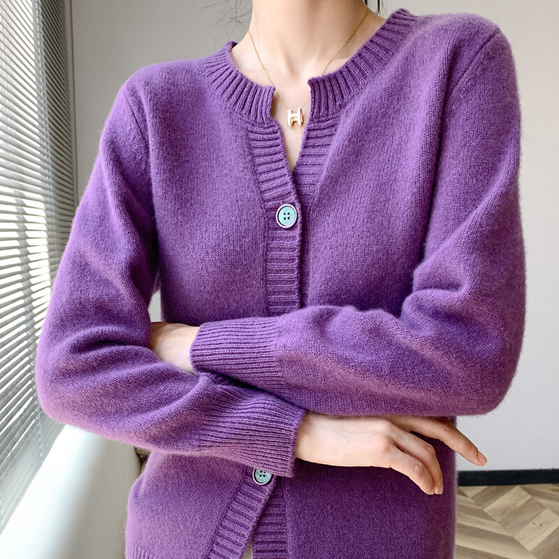 Cárdigan de lana pura 100% con cuello redondo para mujer, suéter holgado, abrigo de lana, novedad, Otoño e Invierno