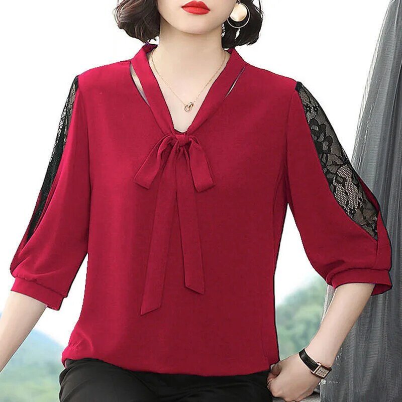 2023 Womens Spring Summer Style Blouses Tops Lady Casual Bow Tie Colloar Half Lace Sleeve Loose Shirt Tops