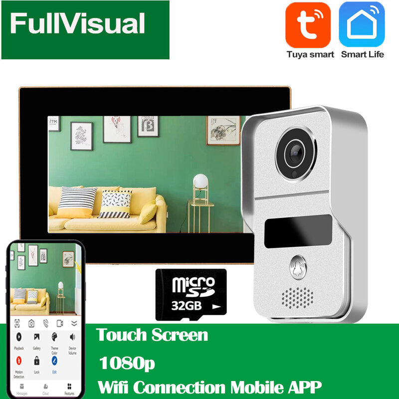 جهاز اتصال داخلي كامل بصري بشاشة 7 بوصة 1080P يعمل بالواي فاي للمنازل لاسلكي Tuya هاتف ذكي باب الجرس مع كاميرا تسجيل