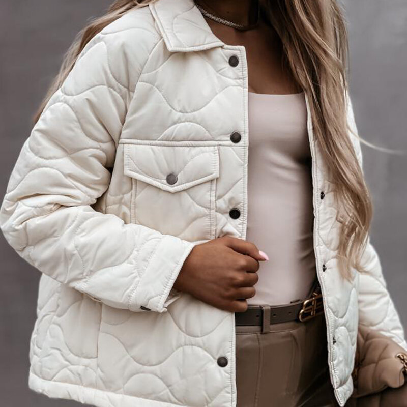 따뜻한 포켓 누비 재킷 솔리드 컬러 라펠 패션 파카 롱 슬리브 캐주얼 버튼 레이디 코트 여성용, 2022 겨울