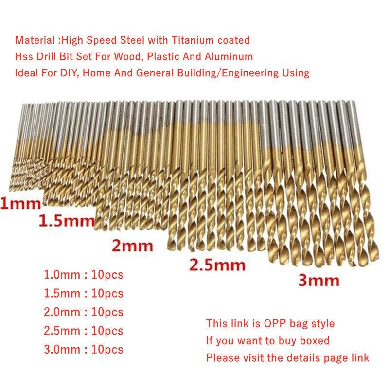 Conjunto de brocas de torção revestido de titânio, aço alto para madeira, plástico e alumínio, HSS, 1mm, 1.5mm, 2.2mm, 2.5mm, 3mm, 200 Pcs, 100Pcs