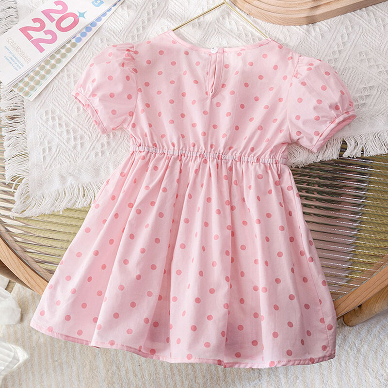 2022 New Cute Polka Dots Girls Dresses Sweet Girls Summer Bow Short Sleeve Clothes Bow Princess Dress Kids Party Costume 2-7T