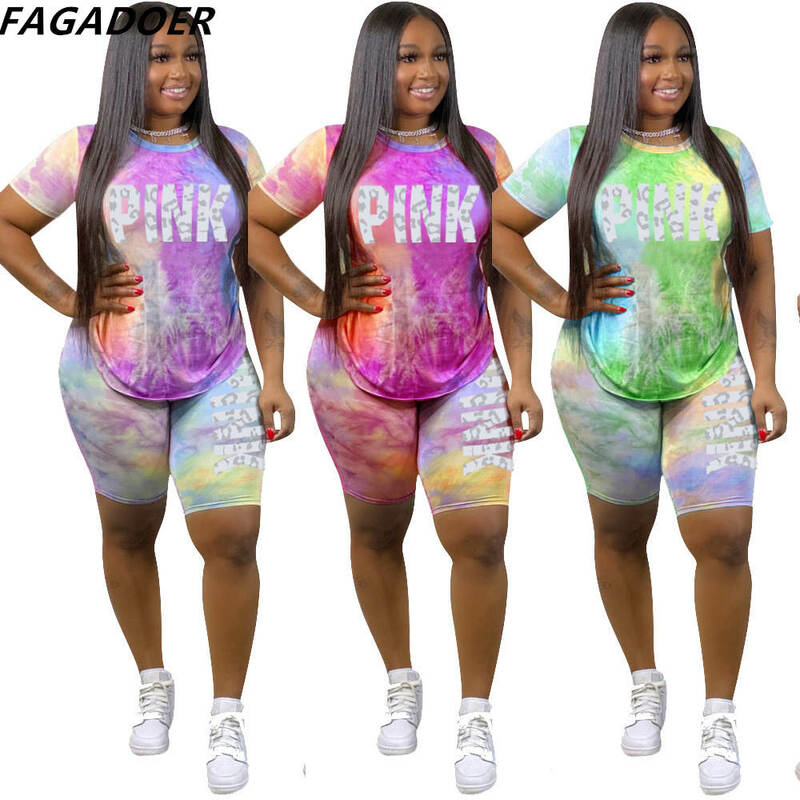 FAGADOER Fashion Tie Dye Shorts Two Piece Sets Women PINK Letter Print Round Neck Tshirt And Biker Shorts Tracksuit 2pcs Outfits