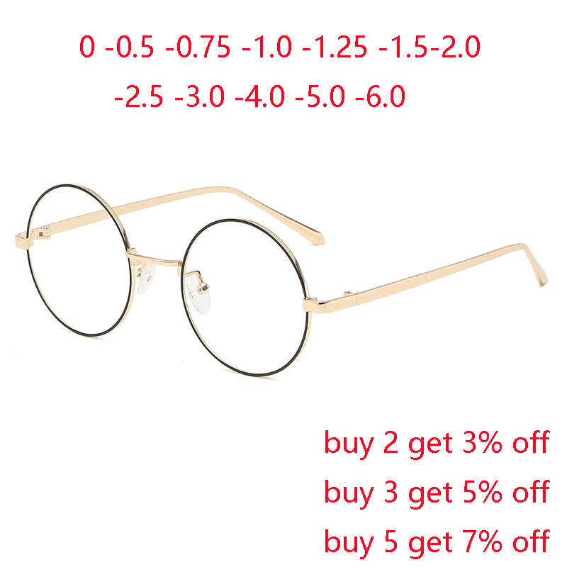Kacamata Resep Bulat Bingkai Besar Logam dengan Astigmatisme Kacamata Pelajar Anti Cahaya Biru 0 -0.5 -0.75 To -4