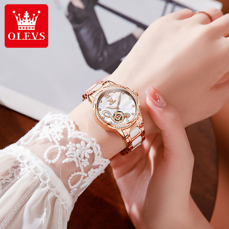 OLEVS 여성을위한 완전 자동 기계식 시계 패션 방수 세라믹 스트랩 여성 손목 시계 빛나는