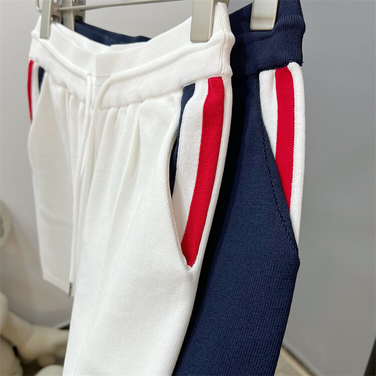 Pantalones cortos informales con cinta roja, blanca y azul de estilo universitario para verano, tejido de lino de hielo, deportivos, holgados, combinan con todo