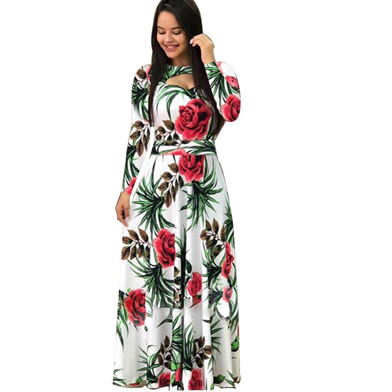 S- 5XL Plus Size Elegant Spring Summer Women Dress 2020 Bohmian Flower Print Maxi Dresses Fashion Hollow Out Long Dress Vestidos