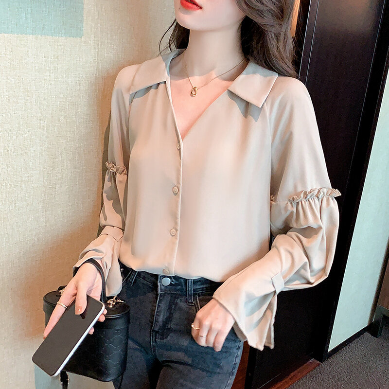 Dekolt w serek z długim rękawem bluzka damska koreański moda szyfonowa jednolity kolor bluzki Casual kobiety topy urząd Lady wiosna nowy 609F