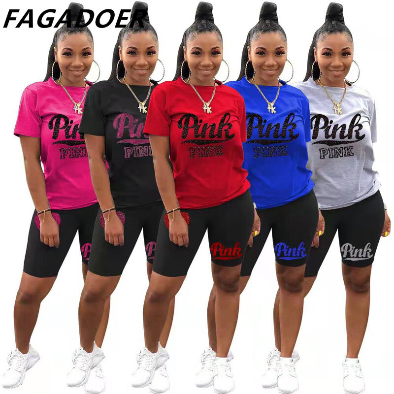 FAGADOER Sommer Neue ROSA Brief Drucken Kurzen Ärmeln T-shirt + Biker Shorts Sets Casual Zwei Stück Frauen Mode Outfit Streetwear