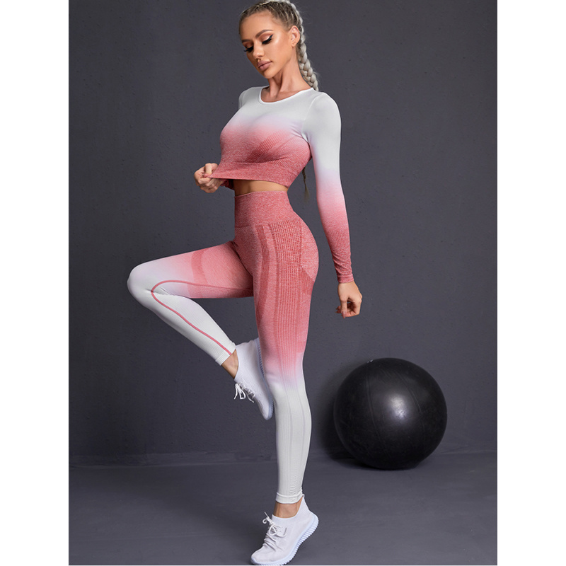 Fato de treino feminino sem costura conjunto de yoga ginásio roupas de fitness roupas esportivas de cintura alta leggings manga longa colheita superior ternos sutiã esportivo