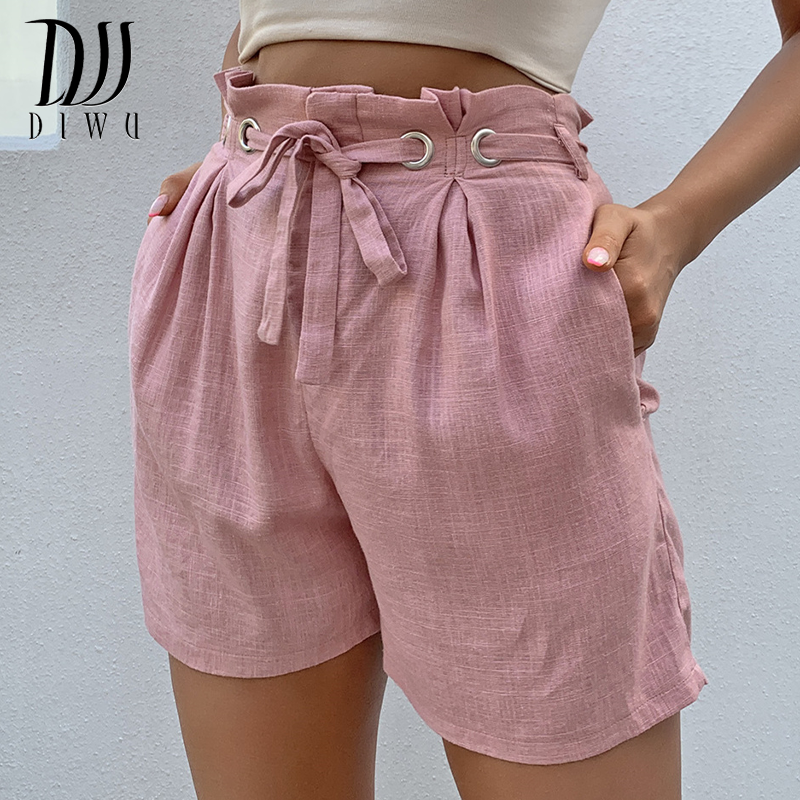 Diwu shorts feminino cintura alta perna larga cinto elástico cintura shorts verão férias estudante menina casual bolso outfit