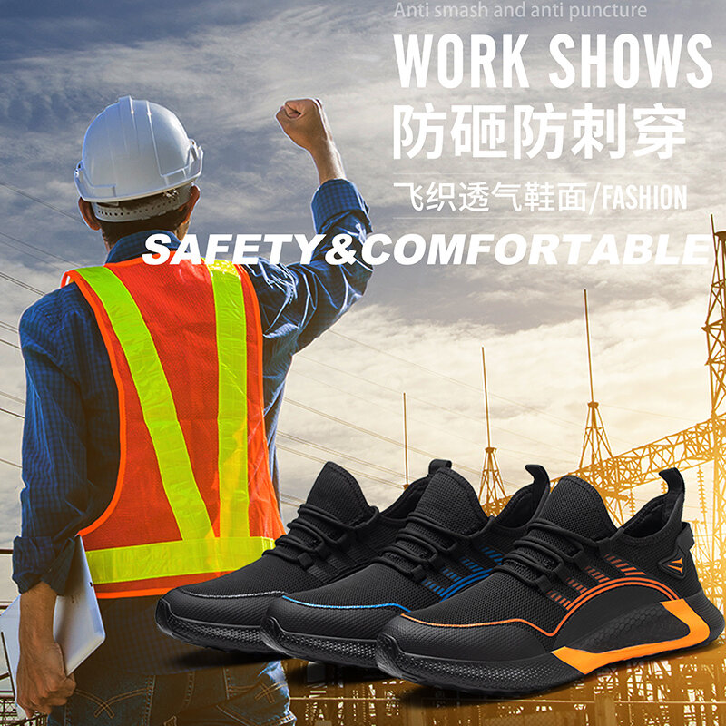 ผู้ชายที่ทำงานรองเท้าเพื่อความปลอดภัยน้ำหนักเบาทำงานรองเท้าผ้าใบชายทำลายทำงานรองเท้าบ...