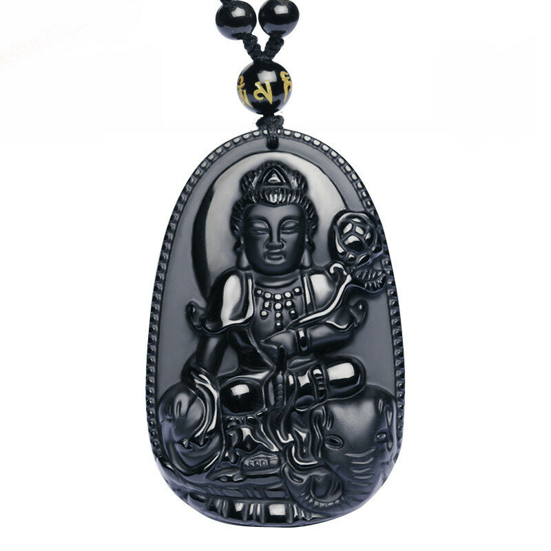 Colar com pingente de amuleto da sorte, de alta qualidade, único, preto, obsidiana esculpida, buda, feminino, masculino, joia