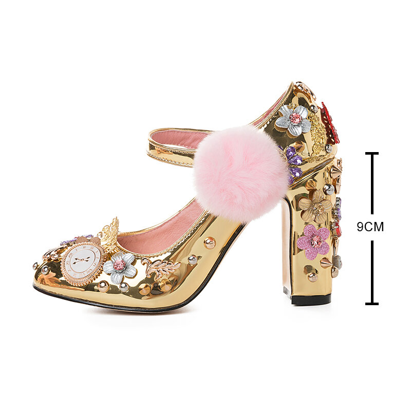 Gold Mary Jane shoes woman wedding luxury pumps women designers crystal rhinestone heels metal applique party shoe zapatos mujer