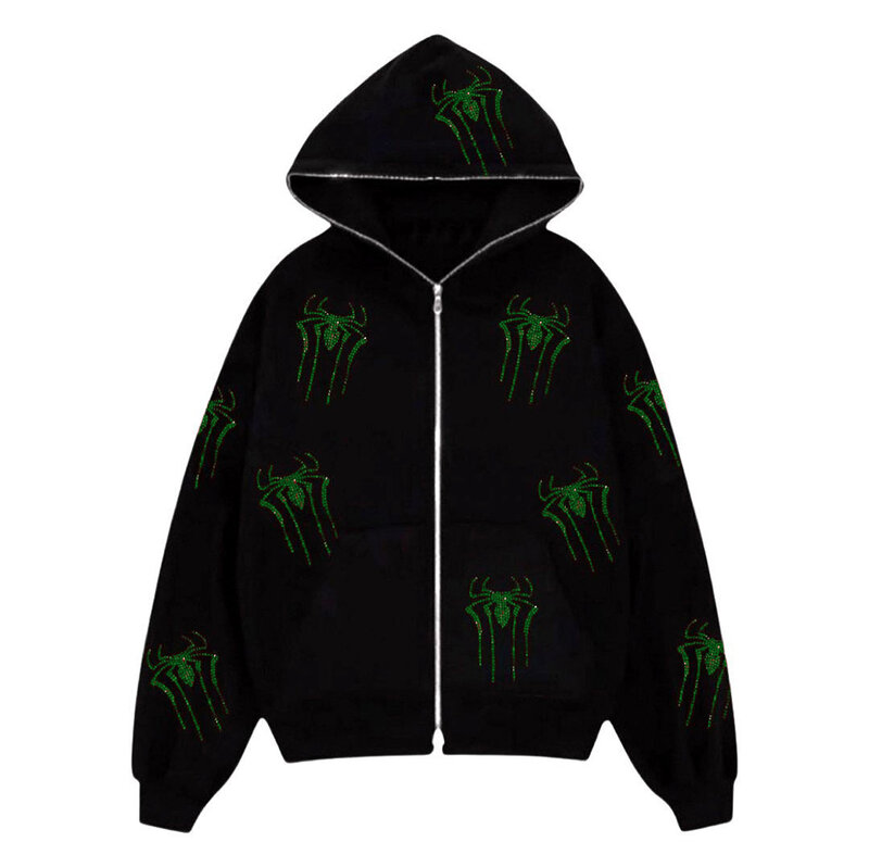 2023 men's and women's same style sweater spider rhinestone print cardigan jacket loose zipper hoodie sweater Harajuku hoodie
