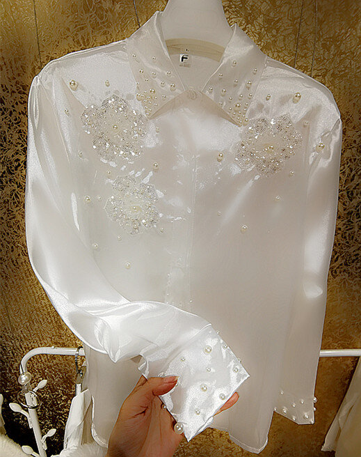 Flash pearlescent fada tridimensional flor lantejoulas senhoras topos solto botão de grandes dimensões acima da camisa roupas de moda mulher 2022