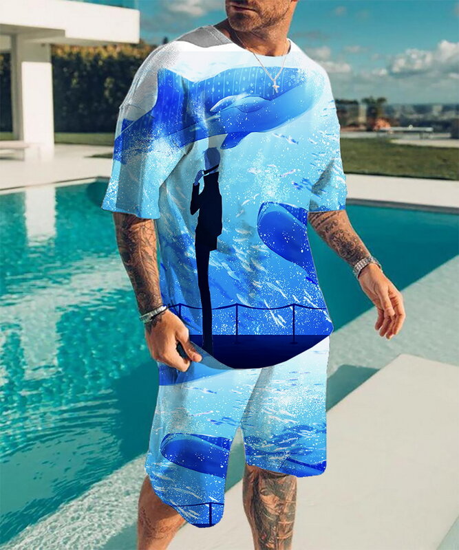 男性のスーツ夏2ピースtシャツ + ショーツアニメ3dプリントスポーツウェア男性のスーツビーチスポーツウェア男性の服