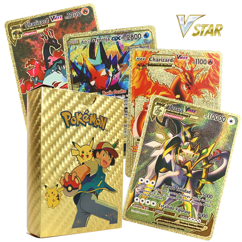Pokemon 10000hp vstar arceus rosa folha de ouro cartões caixa charizard pikachu vmax gx mega coleção rara prata preto batalha treinador