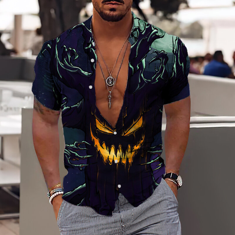 Camisa hawaiana con estampado 3d de Halloween para hombre, camisetas de manga corta para vacaciones y playa, blusa de gran tamaño