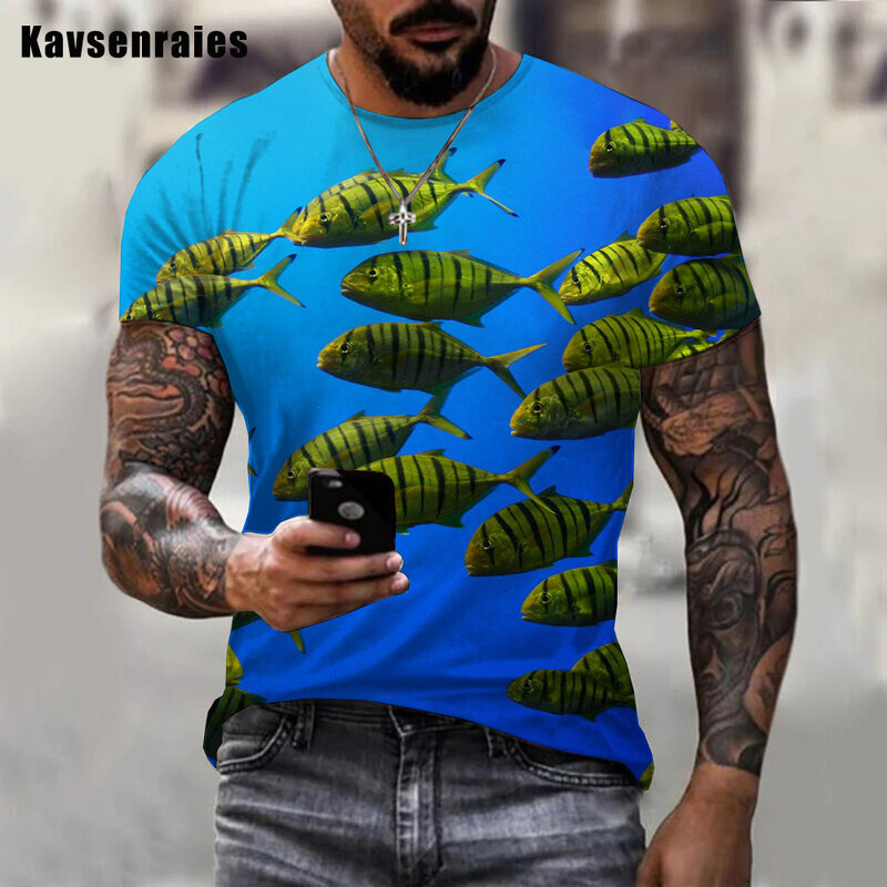Camiseta con estampado 3D de peces divertidos para hombre y mujer, ropa de calle informal de manga corta, de gran tamaño, de alta calidad, a la moda, de verano, 2022