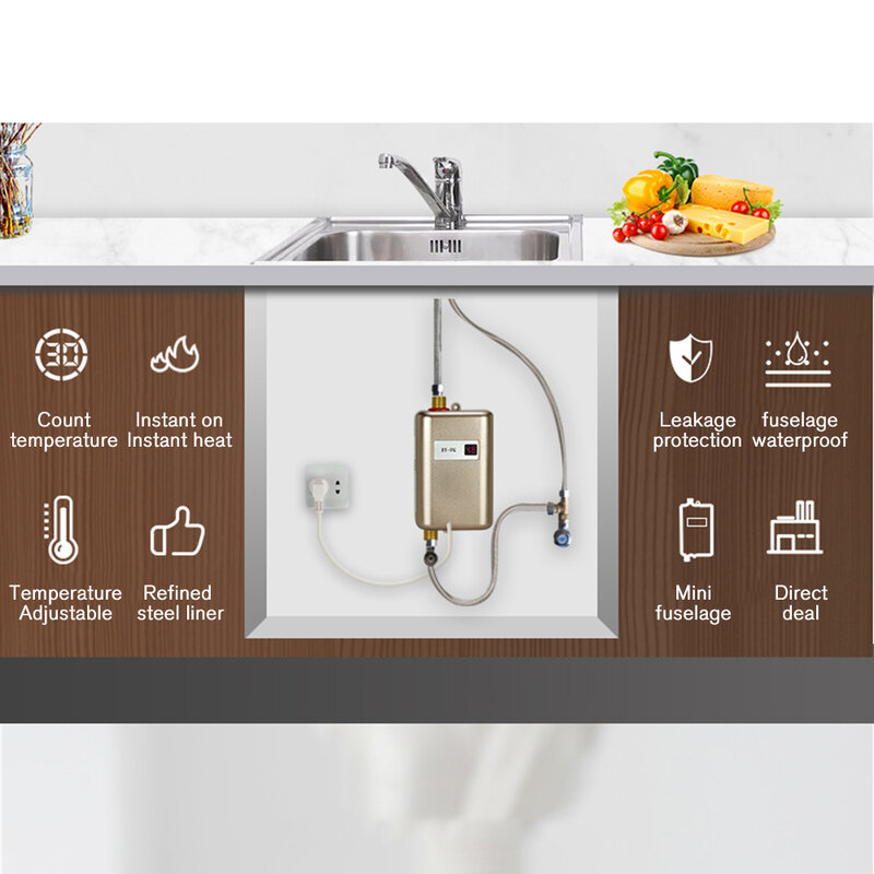Aquecedor de água instantâneo tankless 3000w, mini aquecedor elétrico para cozinha e banheiro