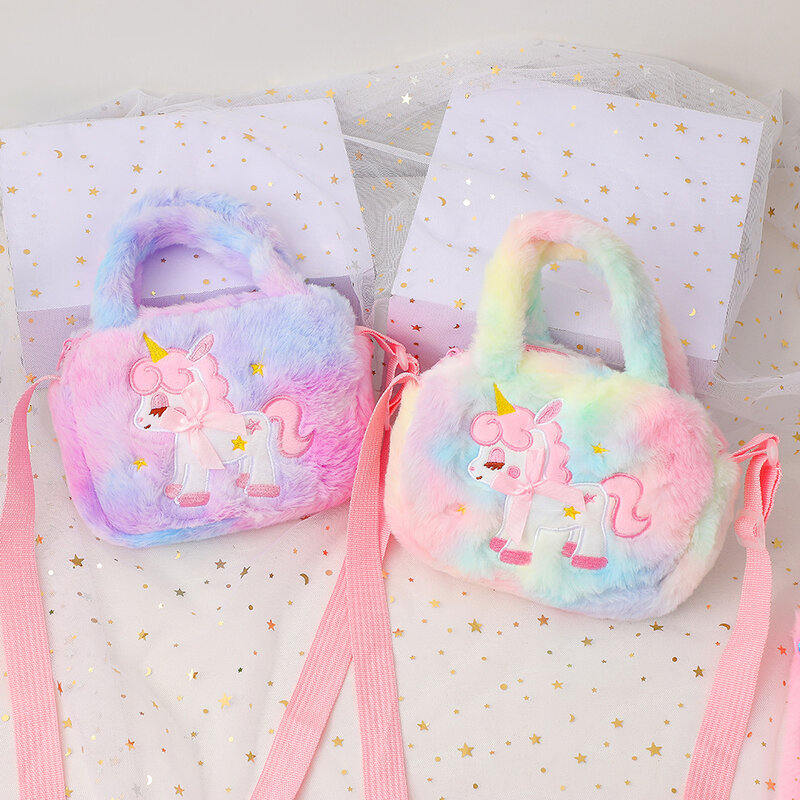 Little Girl Cute Plush Unicorn Purse Baby Girl Fluffy Shoulder Bag Kids Handbag Furry Crossbody Bags For Girls