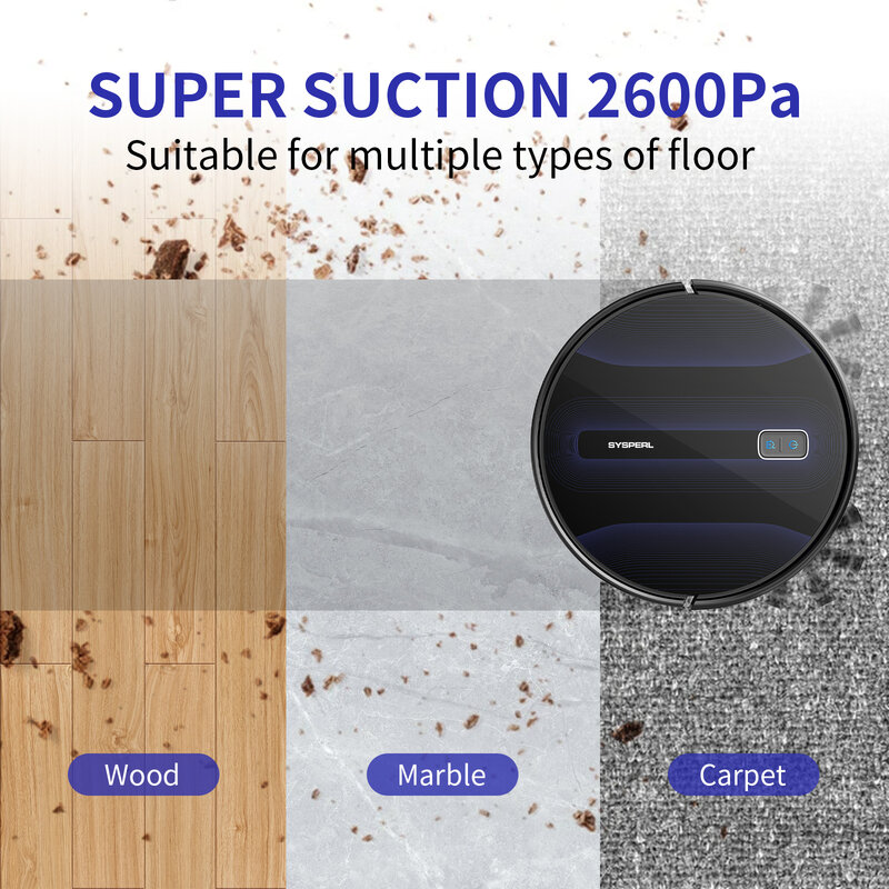 SYSPERL 가정용 로봇 진공 청소기 내비게이션, 2600PA 카펫, 자동 가압, 와이파이 앱, 가상 벽 홈, V40P
