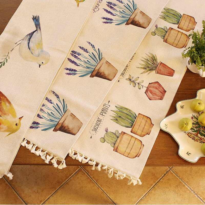 Mantel grueso de 2 capas con estampado de plantas verdes, corredores de mesa con flamencos a prueba de polvo, cubierta para mesa de té