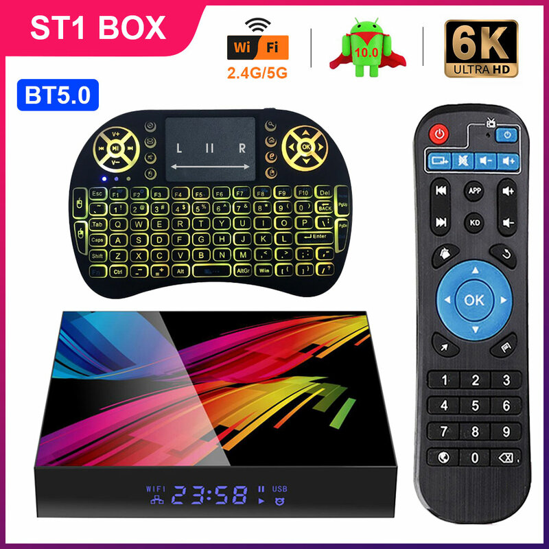 Boîtier Smart TV ST1, Android 10, 4 go RAM, 32 go/64 go ROM, 2.4 M, 6K, Wifi 3D double bande, compatible bt 5.8, décodeur connecté 100M