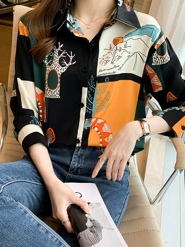 Женская шифоновая рубашка с принтом, универсальная блузка с длинным рукавом, весна 2022