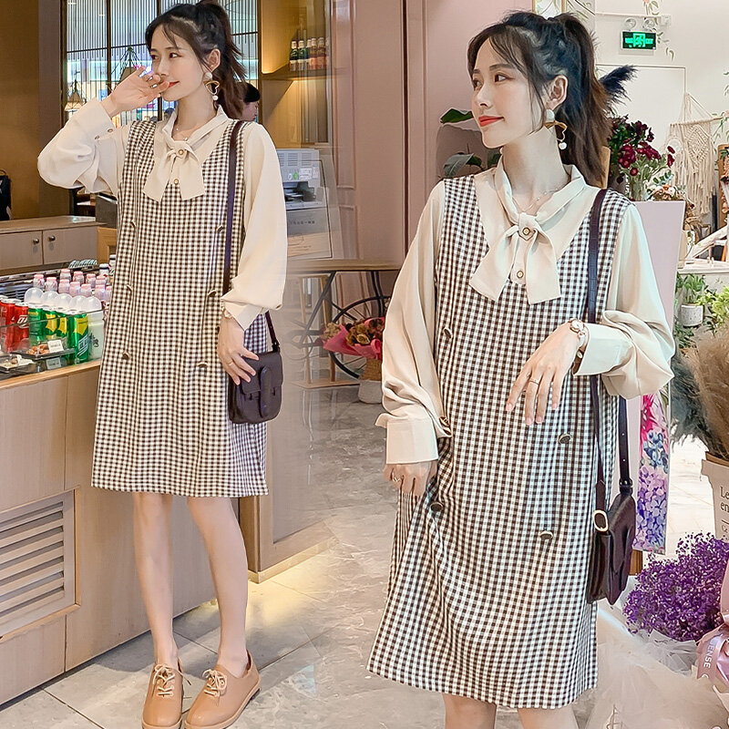 8108 #2020 Herfst Koreaanse Mode Moederschap Jurk Elegante Zoete Plaid Vest + Blouses Sets Kleding Voor Zwangere Vrouwen Zwangerschap