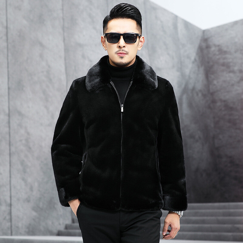 Men's Jacket Autumn and Winter Mink-Cashmere Coat Hooded Thickened Business Casual Imitation Fur Winter Dressing Coat